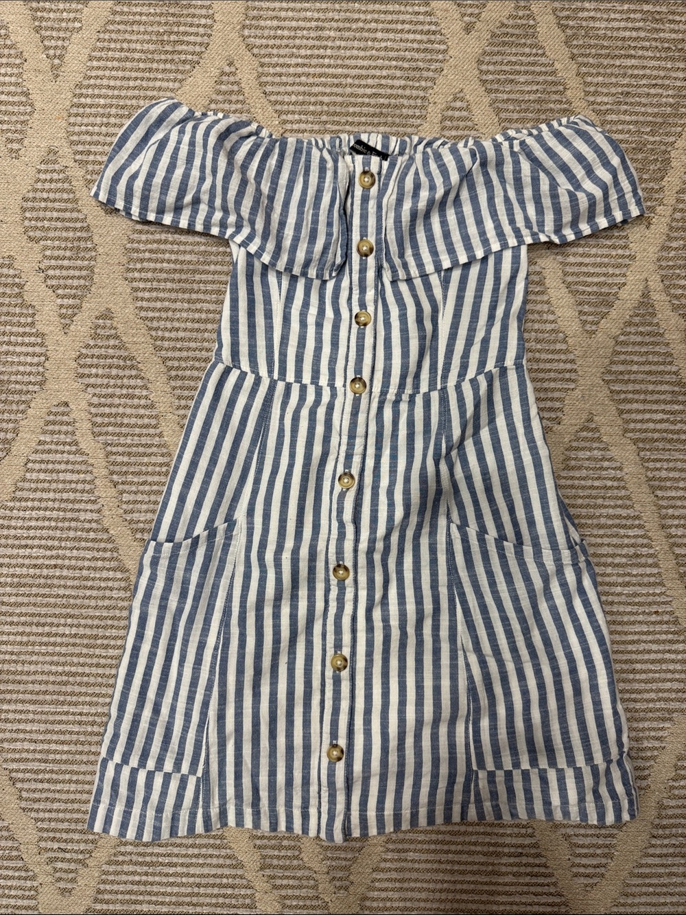 Abercrombie & Fitch Blue and White Striped Off-Shoulder Button Dress